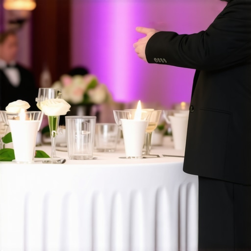 An MC on stage signaling the catering lead server during a corporate gala dinner.