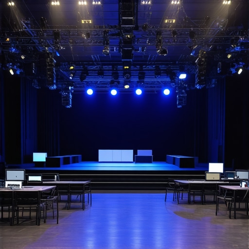 A wide shot of a professionally lit corporate event stage with audio equipment for a high-end performance.