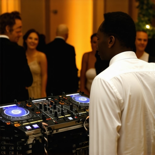 Professional DJ Setup with Managed Acoustics A clean and professional wedding DJ booth positioned correctly in a reception hall.