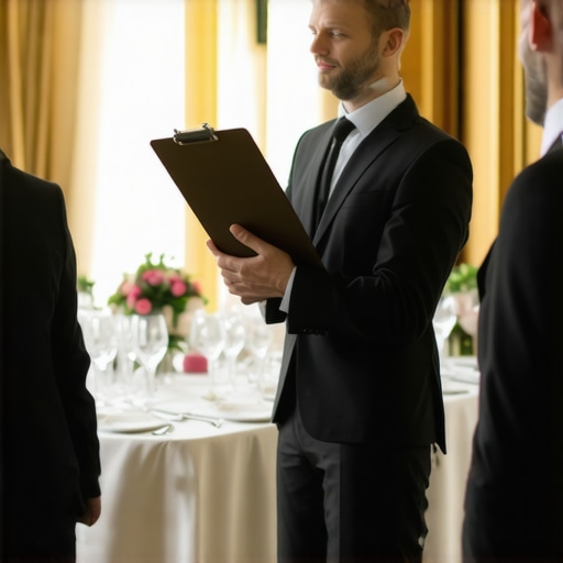 An event captain giving instructions to servers before a luxury gala dinner.