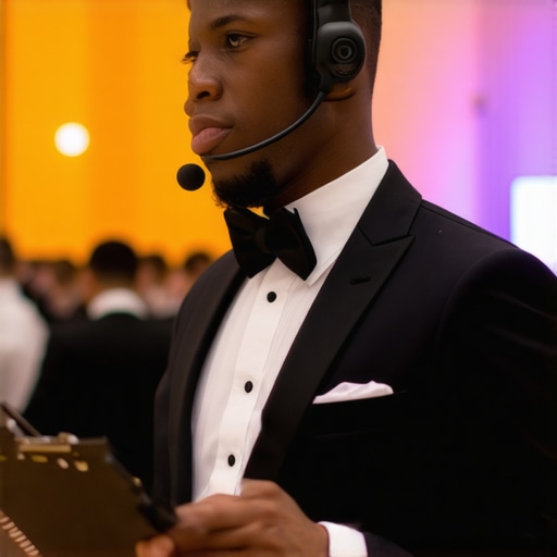 A lead server or event captain managing a team of caterers in a luxury ballroom.