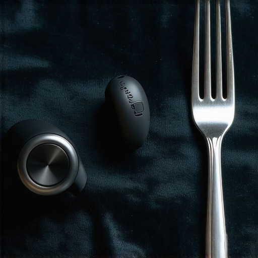A high-tech digital headset for event servers resting on a heavy velvet tablecloth.