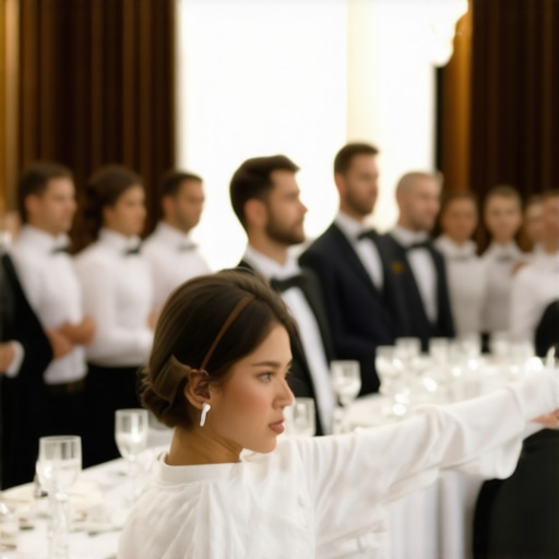 Professional Event Coordination Technology An event captain using an earpiece to manage a luxury server team in a ballroom.