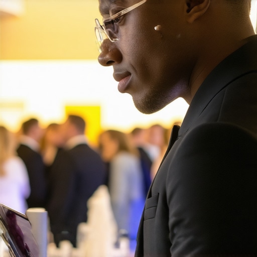 A lead server using an earpiece and tablet to coordinate a corporate gala.