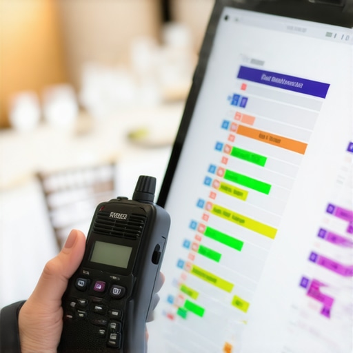 Digital radio and tablet being used to coordinate a large-scale corporate event.