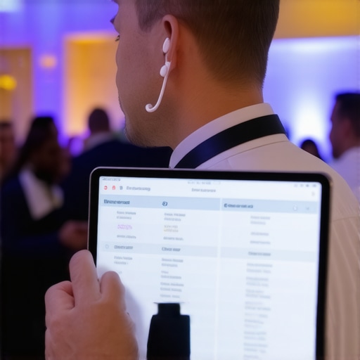 An event floor manager using a digital tablet and earpiece to coordinate a luxury wedding reception.