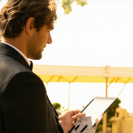An event coordinator using a digital tablet and weather meter to manage a luxury outdoor event transition.