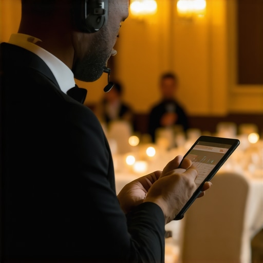 Event planner managing corporate gala logistics with a tablet and headset