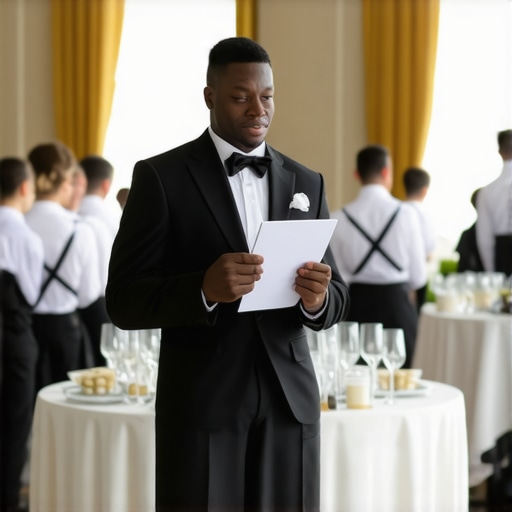 An event lead server with a script briefing the catering team in a ballroom.