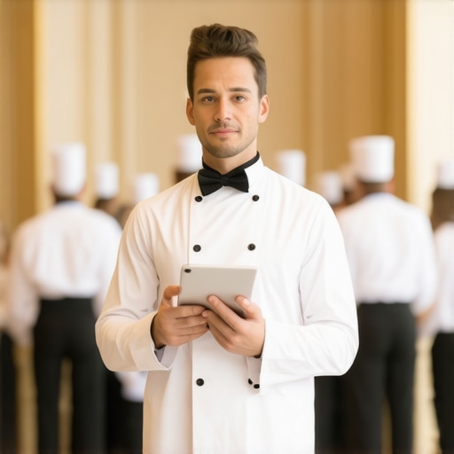 An experienced lead server managing the logistics of a high-end corporate event.