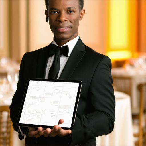 Catering lead using a headset and tablet to manage a luxury event floor plan.