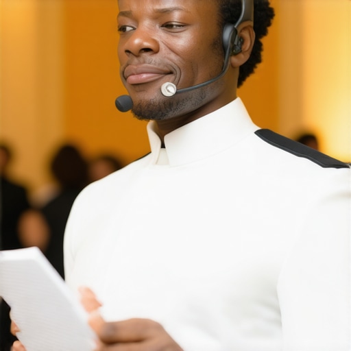 Professional Event Lead Using a Master Run Sheet An event lead server coordinating service with a run sheet and headset at a luxury event.