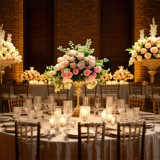 A cavernous event space transformed with warm amber uplighting and professional pinspotting on tables.