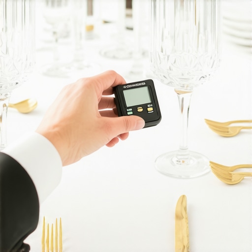 Professional Event Lighting Measurement An event planner using a lux meter to ensure perfect lighting levels at a luxury wedding reception.
