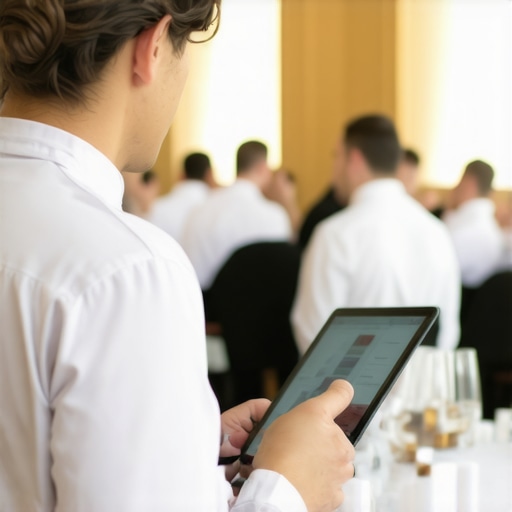 Professional Event Logistics Management A catering lead server managing event logistics on a digital tablet in a luxury ballroom.