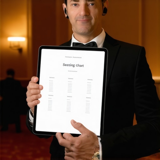 Professional Event Logistics Management Event coordinator using a tablet and earpiece for silent communication during a corporate event.