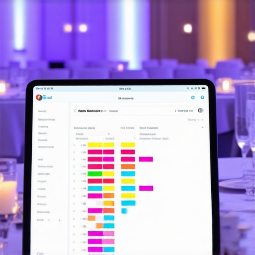 A digital tablet showing a detailed corporate event schedule and floor plan in a luxury venue.