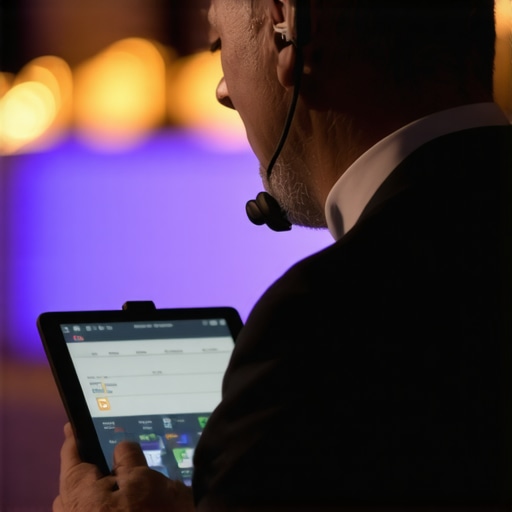 Professional Event Management Technology An event coordinator using a tablet and earpiece for real-time communication during a gala.