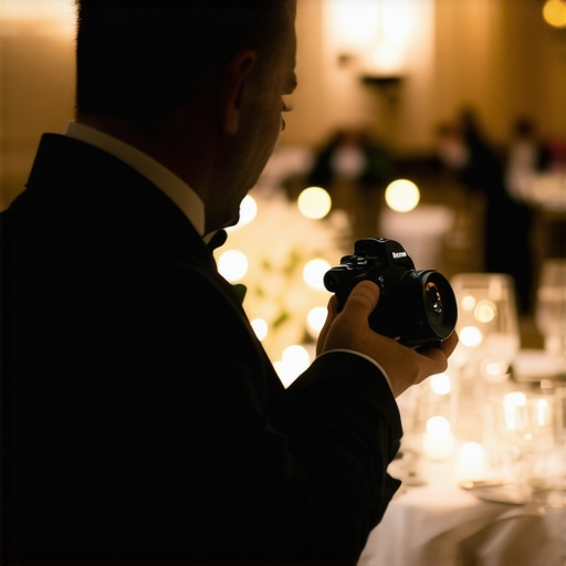 A professional photographer using a mirrorless camera to capture an event in a dimly lit luxury venue.