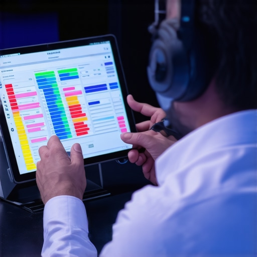An event manager using digital scripts and headsets to coordinate a gala production.
