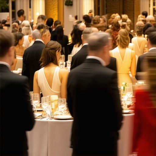 Professional servers navigating a busy corporate gala floor to provide seamless service