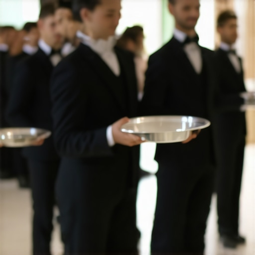 Professional Event Servers in a Luxury Ballroom A team of professional servers prepared for high-end catering service