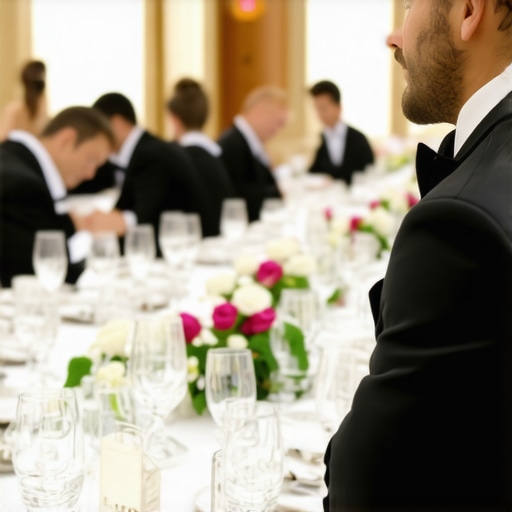A lead server managing a catering team at a high-end corporate gala