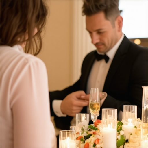 A catering manager guiding a server during a high-stakes corporate event