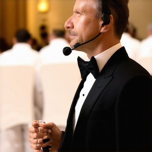 An event captain coordinating a server team in a luxury ballroom to ensure efficient service.
