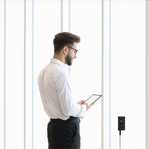 An event planner conducting a technical site visit in a modern venue to check power and layout.