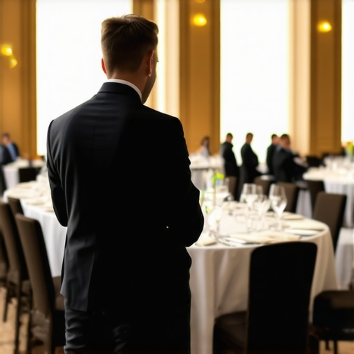 Professional Floor Captain Orchestrating Event Service A lead captain managing a team of professional servers in a luxury corporate setting.