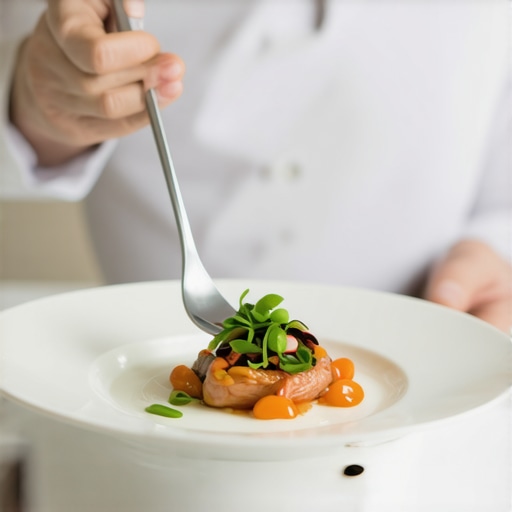 A server using a fork and spoon pincer grip to serve a guest at a formal event.