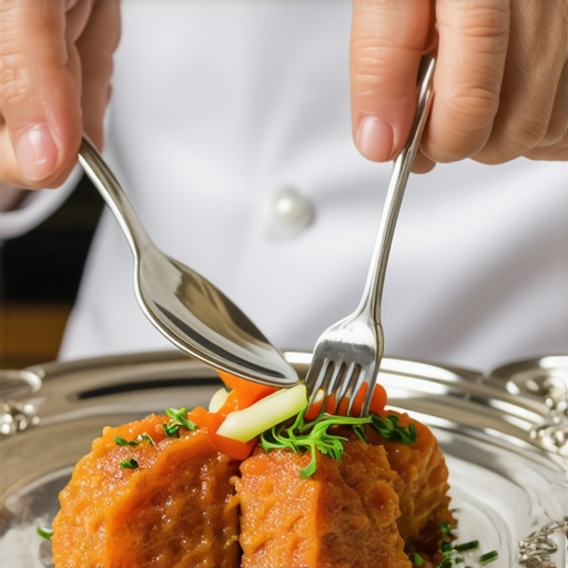Close up of server using service pinch technique with silver utensils