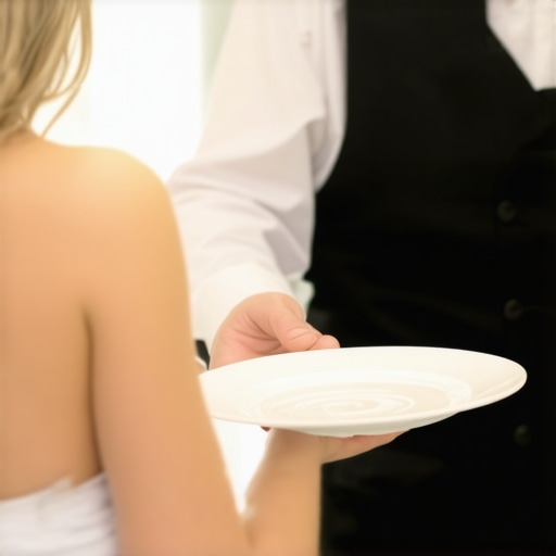 Professional French service technique at a luxury event A trained server performing professional table service at a high-end corporate gala.