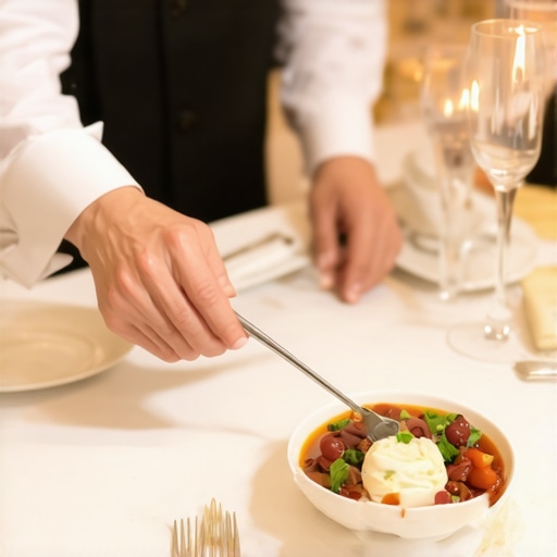 A high-end server placing a warm plate at a corporate gala dinner.
