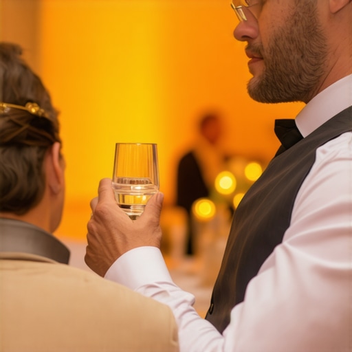 Professional Ghost Service Water Pour A server demonstrating the 45-degree angle approach for silent water service at a gala