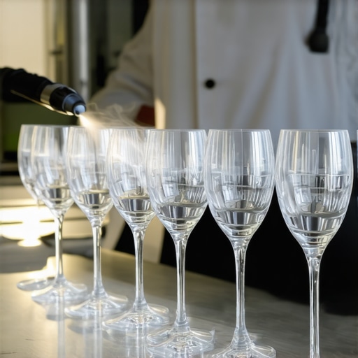 Professional Glass Polishing Station A server uses steam to polish crystal wine glasses for a high-end corporate event.