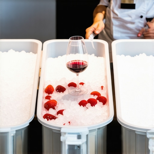 Professional Glassware Chilling Station A catering team using a salted ice bath to rapidly chill wine glasses in a commercial kitchen.