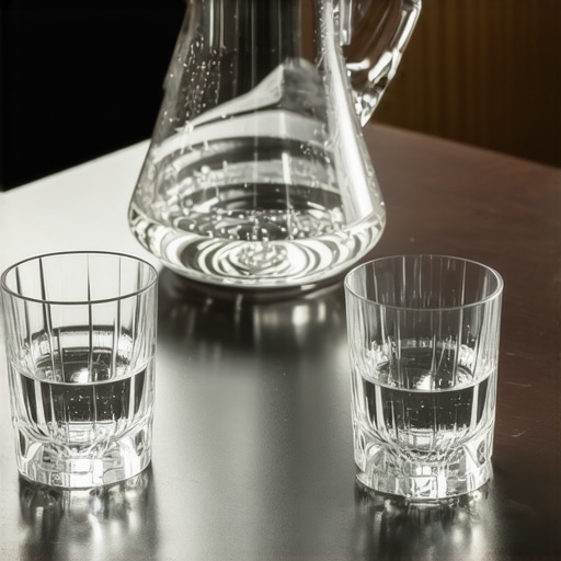Elegant glass carafes and tumblers on a mahogany conference table for professional water service.
