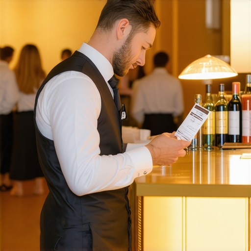 Professional ID Verification at Event Bar A server performing a responsible ID check at a corporate event bar with professional lighting.