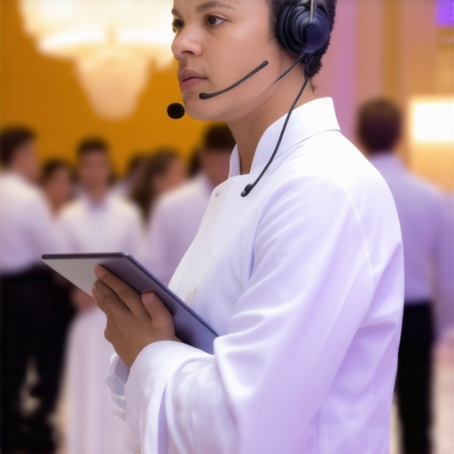 A lead server coordinating a large catering team at a corporate event