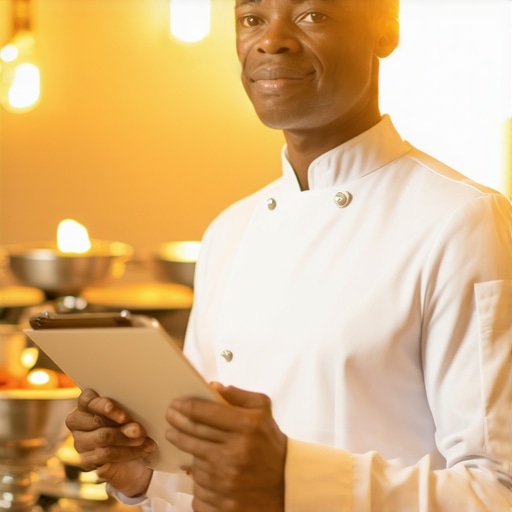 Professional Lead Server Managing Event Flow A lead server holding an event script at a professionally lit corporate gala