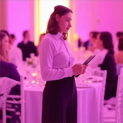 A lead server scanning a corporate gala room to ensure high-quality service and guest satisfaction.
