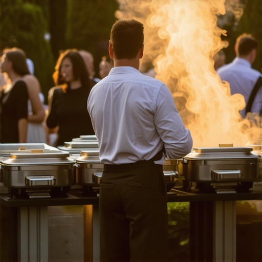A catering lead server coordinating a high-end outdoor event service with wind-resistant buffet equipment.