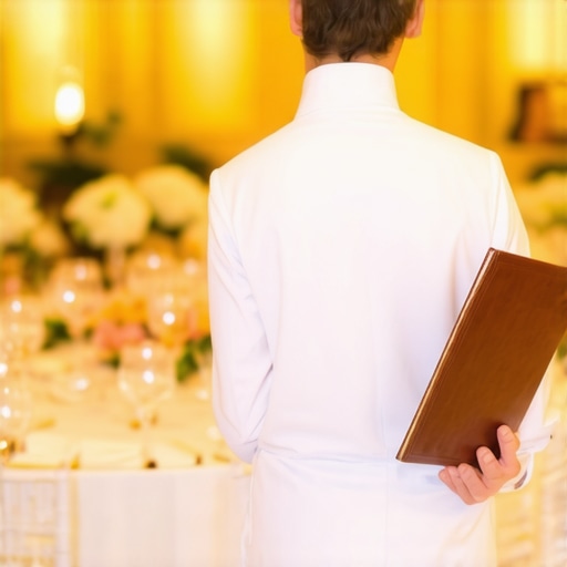 Professional Lead Server Monitoring Event Flow A professional lead server observing guests at a corporate gala to ensure seamless service flow.