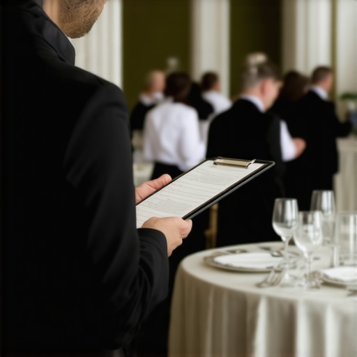 A lead server monitoring guest service and staff efficiency at a high-end corporate event.