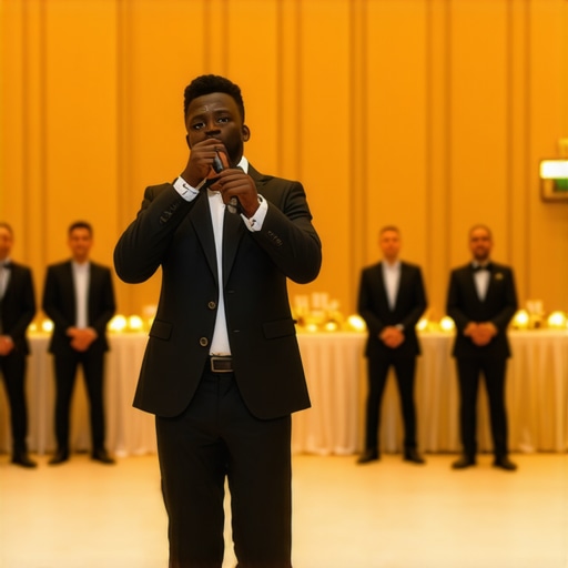 A professional corporate MC signaling to the catering team during a live event to ensure smooth transitions.