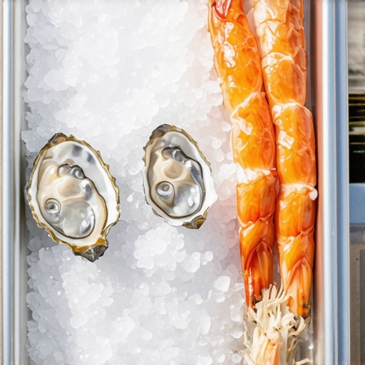 Professional Outdoor Raw Bar Cooling Foundation Close up of a professional cooling setup for a wedding raw bar showing layers of ice and salt for maximum cold retention.
