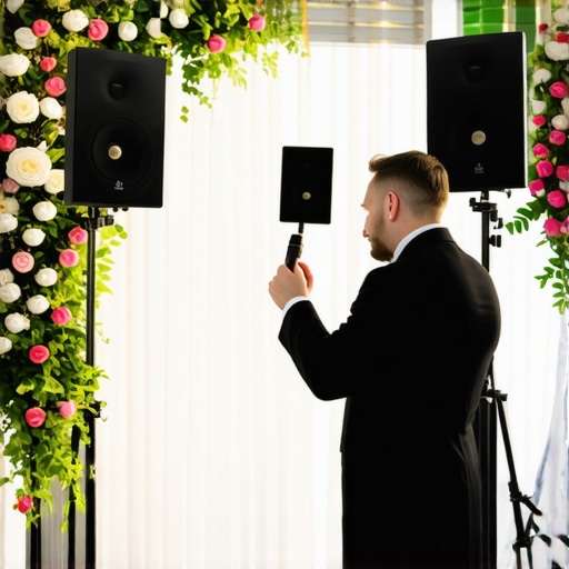 Professional Outdoor Wedding Sound Setup High-quality wireless speakers on stands positioned for an outdoor wedding ceremony.