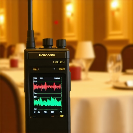 A technician using a digital RF scanner to check signal strength in a ballroom before a corporate event.